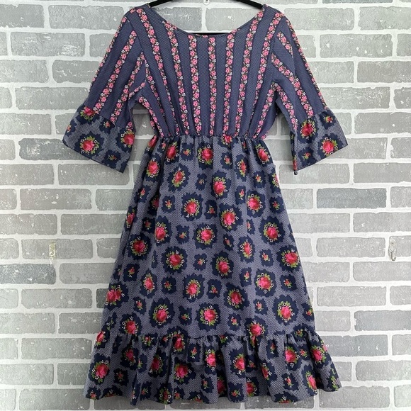 Vintage Berkliff Boho Floral Peasant Navy and Pink Midi Dress Size Medium - Picture 5 of 9